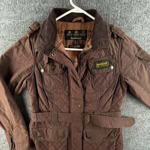 Barbour Quilted International Waxed Jacket Women Full Zip Red Brown Belted US 4